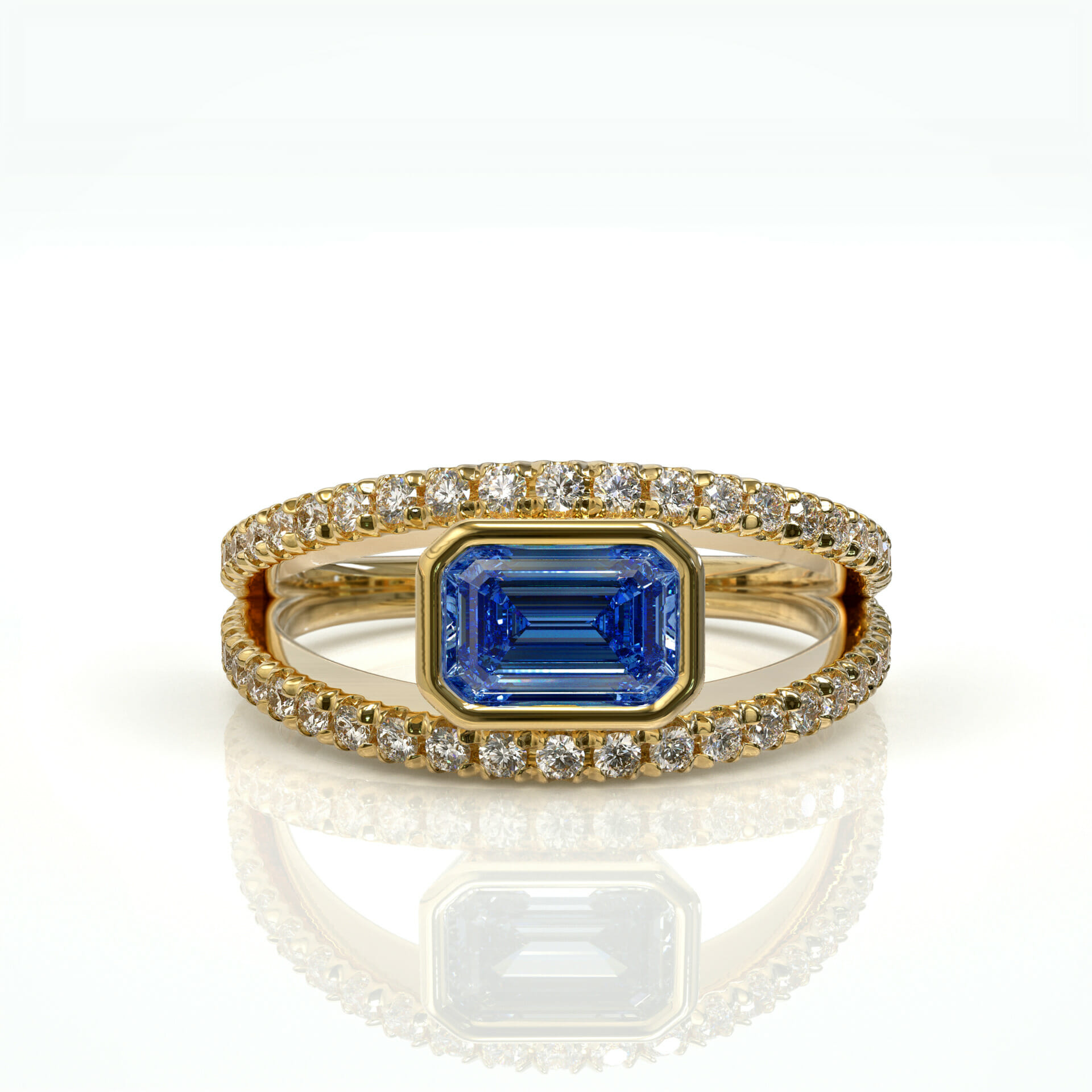 טבעת יהלומים כפולה ואבן חן ספיר בחיתוך אמרלד דגם: Kennedy