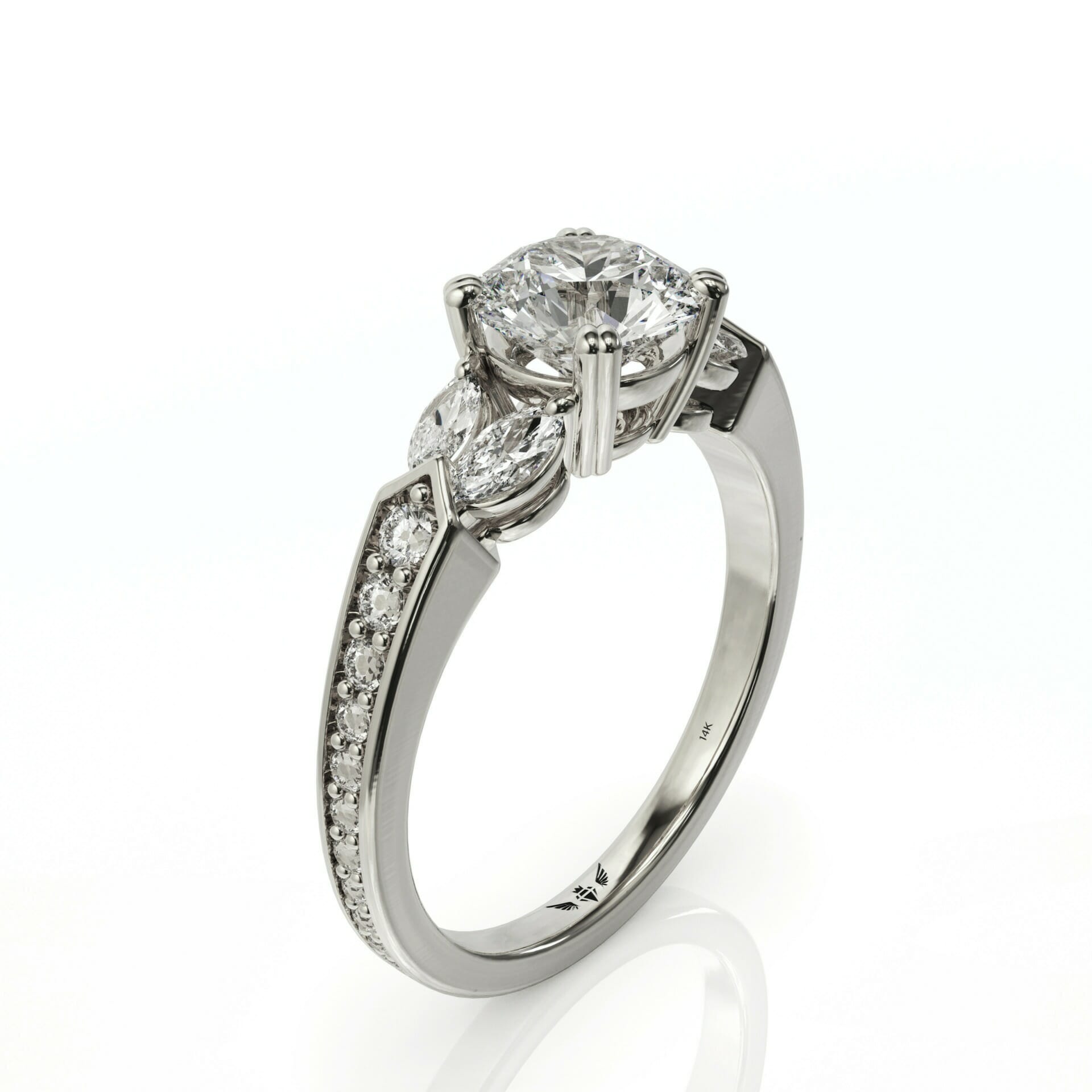 טבעת אירוסין מהפנטת משובצת יהלומי מרקיזה ויהלומים עגולים דגם: אביגיל