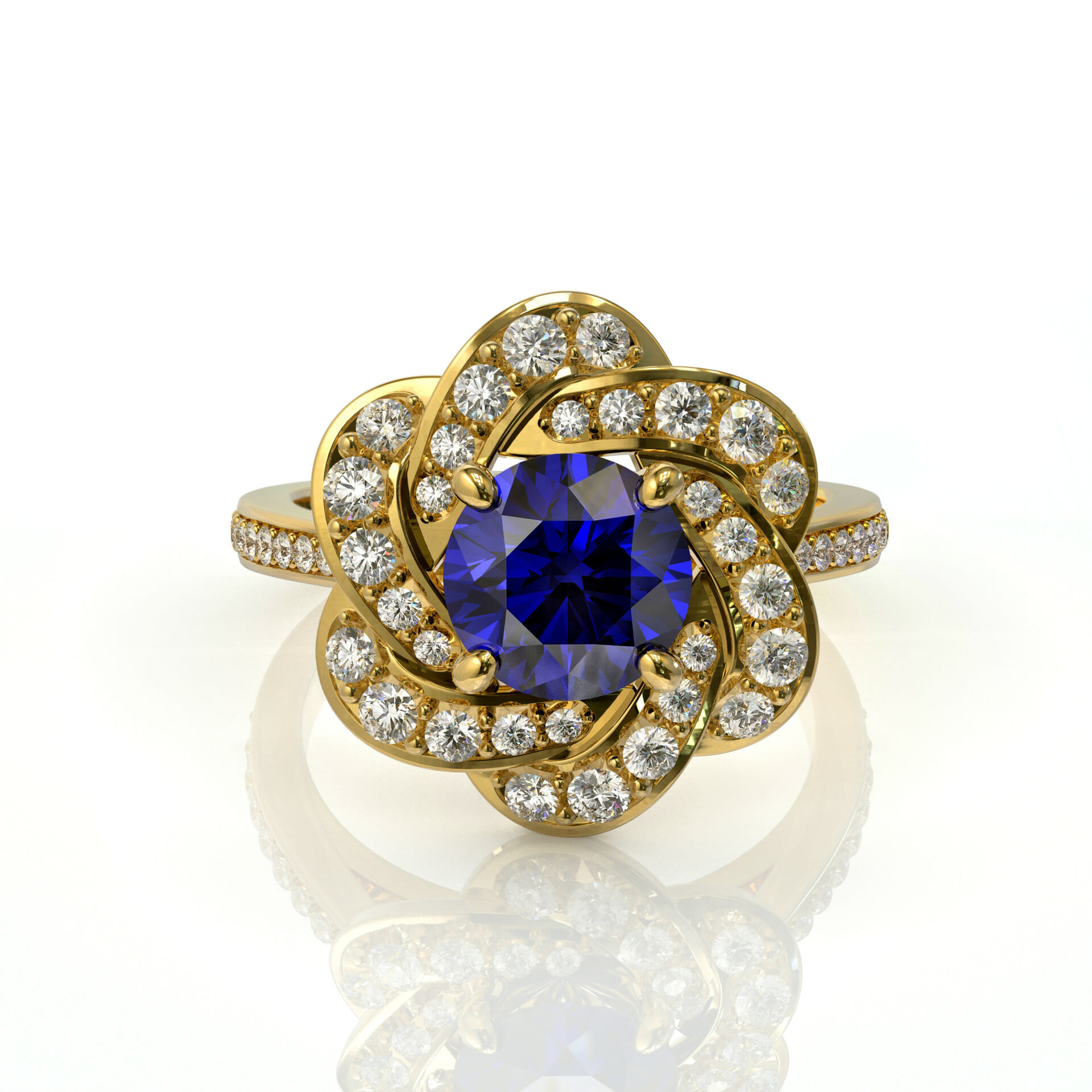 טבעת זהב פרח יהלומים ואבן חן ספיר דגם: Summer