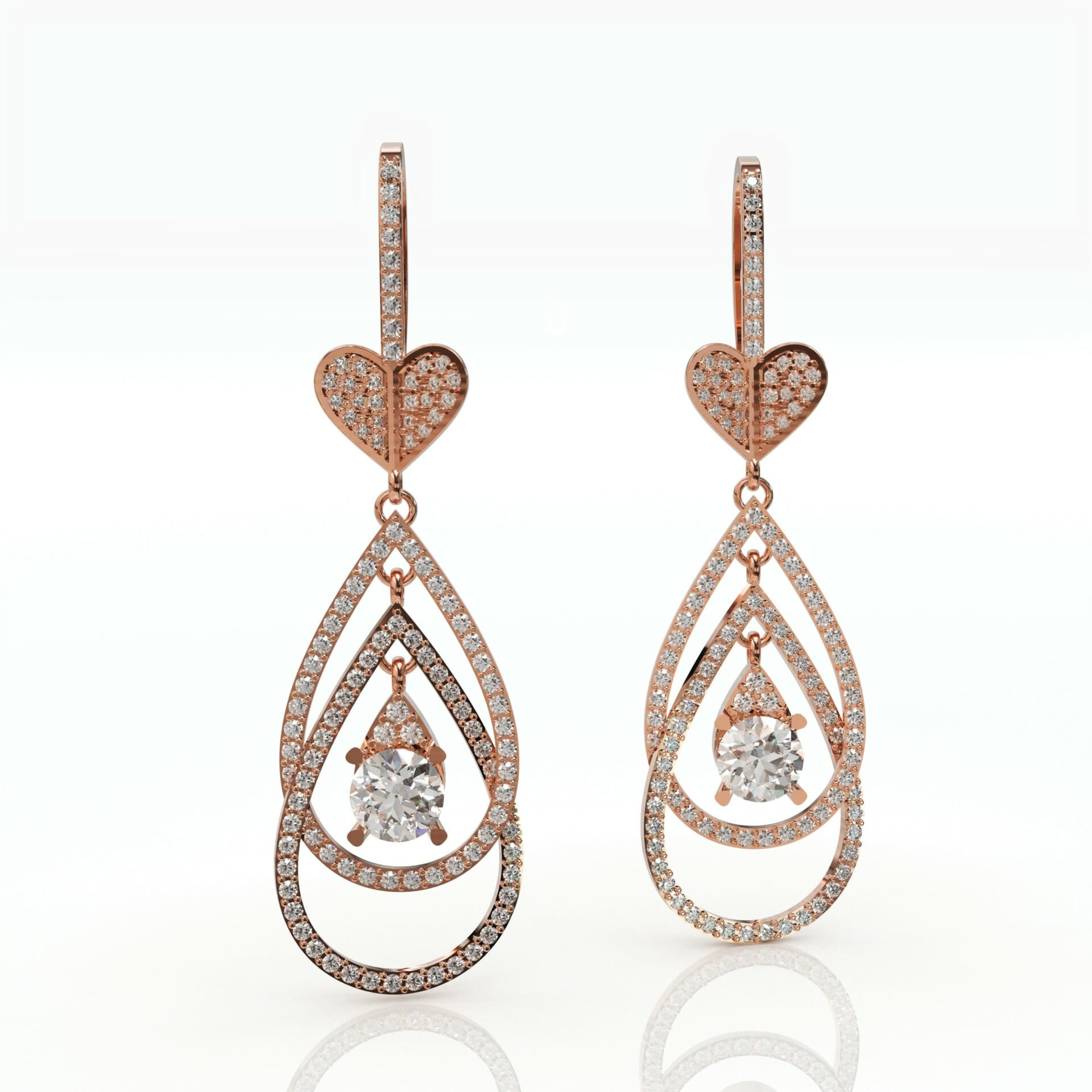 עגילי זהב ויהלומים תלויים בצורת טיפה ולב דגם: Kendall